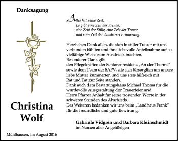 Traueranzeige von Christa Wolf von Thüringer Allgemeine, Thüringische Landeszeitung