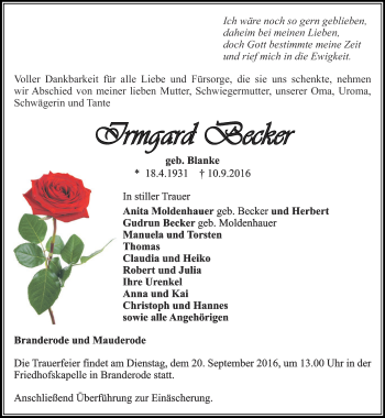 Traueranzeige von Irmgard Becker von Thüringer Allgemeine