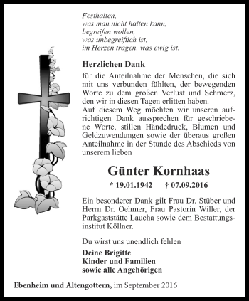 Traueranzeige von Günter Kornhaas von Ostthüringer Zeitung, Thüringische Landeszeitung