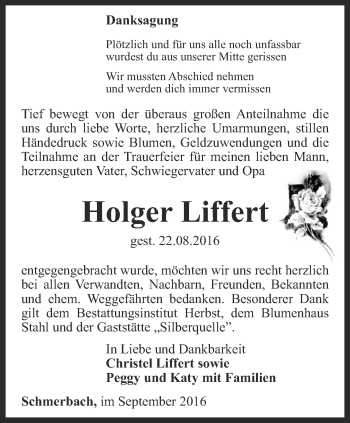 Traueranzeige von Holger Liffert von Ostthüringer Zeitung, Thüringische Landeszeitung