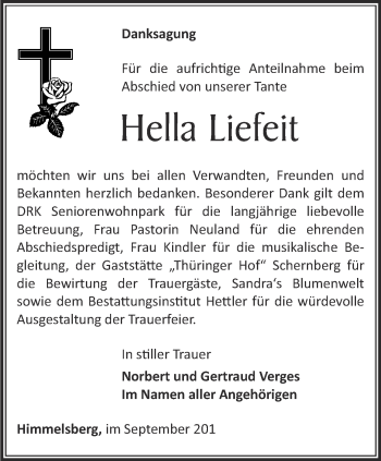 Traueranzeige von Hella Liefeit von Thüringer Allgemeine