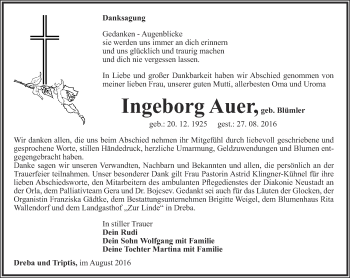 Traueranzeige von Ingeborg Auer von Ostthüringer Zeitung