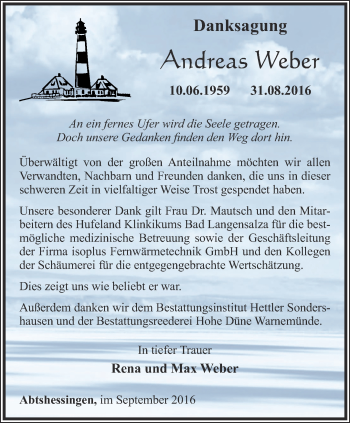 Traueranzeige von Andreas Weber von Thüringer Allgemeine