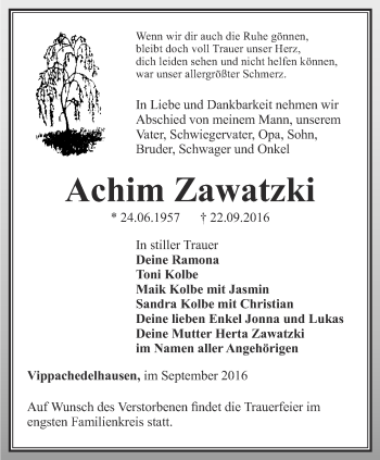 Traueranzeige von Achim Zawatzki von Thüringer Allgemeine, Thüringische Landeszeitung