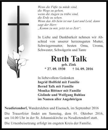 Traueranzeige von Ruth Talk von Thüringer Allgemeine, Thüringische Landeszeitung