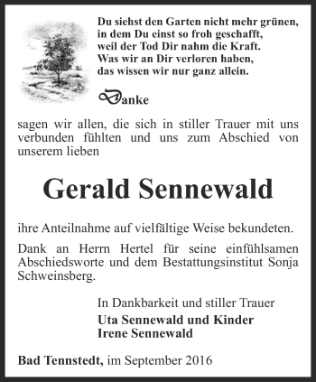 Traueranzeige von Gerald Sennewald von Thüringer Allgemeine, Thüringische Landeszeitung