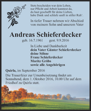 Traueranzeige von Andreas Schieferdecker von Ostthüringer Zeitung