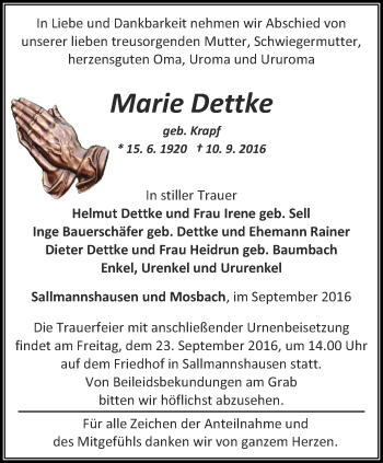 Traueranzeige von Marie Dettke von Thüringer Allgemeine, Thüringische Landeszeitung