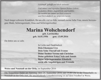 Traueranzeige von Marina Wolschendorf von Ostthüringer Zeitung