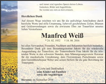 Traueranzeige von Manfred Weiß von Thüringer Allgemeine, Thüringische Landeszeitung