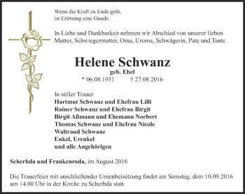 Traueranzeige von Helene Schwanz von Thüringer Allgemeine, Thüringische Landeszeitung