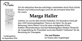 Traueranzeige von Marga Haller von Thüringer Allgemeine, Thüringische Landeszeitung