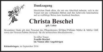 Traueranzeige von Christa Beschel von Thüringer Allgemeine, Thüringische Landeszeitung