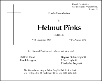 Traueranzeige von Helmut Pinks von Ostthüringer Zeitung