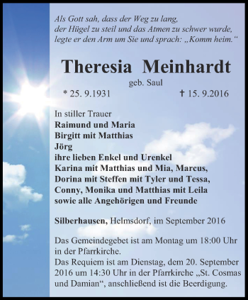 Traueranzeige von Theresia Meinhardt von Thüringer Allgemeine