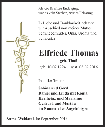 Traueranzeige von Elfriede Thomas von Ostthüringer Zeitung