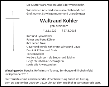 Traueranzeige von Waltraud Köhler von Thüringer Allgemeine