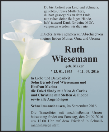 Traueranzeige von Ruth Wiesemann von Thüringer Allgemeine, Thüringische Landeszeitung