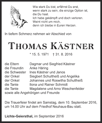 Traueranzeige von Thomas Kästner von Ostthüringer Zeitung