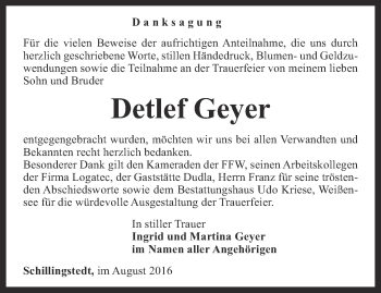 Traueranzeige von Detlef Geyer von Thüringer Allgemeine