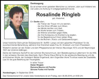 Traueranzeige von Rosalinde Ringleb von Thüringer Allgemeine