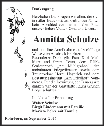 Traueranzeige von Annitta Schulze von Thüringer Allgemeine