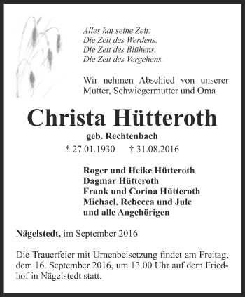 Traueranzeige von Christa Hütteroth von Thüringer Allgemeine, Thüringische Landeszeitung