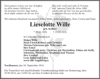 Traueranzeige von Lieselotte Wille von Thüringer Allgemeine