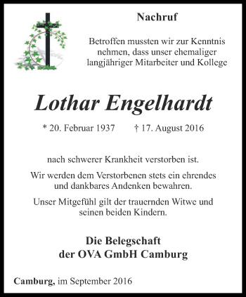 Traueranzeige von Lothar Engelhardt von Ostthüringer Zeitung, Thüringische Landeszeitung