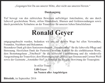 Traueranzeige von Ronald Geyer von Thüringer Allgemeine