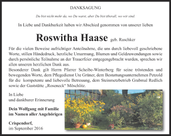 Traueranzeige von Roswitha Haase von Ostthüringer Zeitung