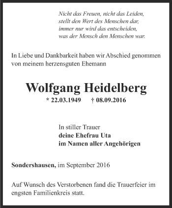 Traueranzeige von Wolfgang Heidelberg von Thüringer Allgemeine