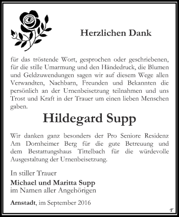 Traueranzeige von Hildegard Supp von Thüringer Allgemeine