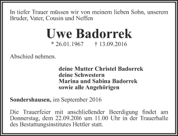 Traueranzeige von Uwe Badorrek von Thüringer Allgemeine