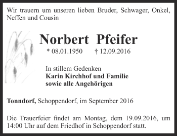 Traueranzeige von Norbert Pfeifer von Thüringer Allgemeine, Thüringische Landeszeitung