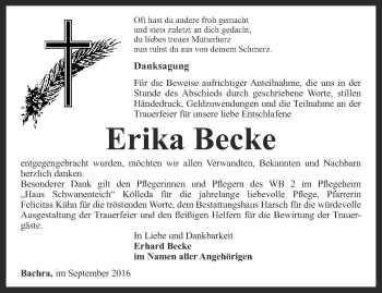 Traueranzeige von Erika Becke von Thüringer Allgemeine