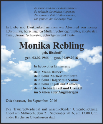 Traueranzeige von Monika Rebling von Thüringer Allgemeine