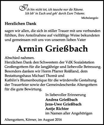 Traueranzeige von Armin Grießbach von Thüringer Allgemeine, Thüringische Landeszeitung