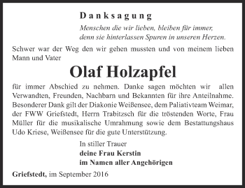 Traueranzeige von Olaf Holzapfel von Thüringer Allgemeine