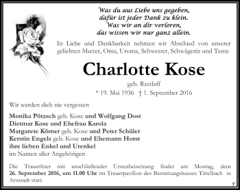 Traueranzeige von Charlotte Kose von Thüringer Allgemeine