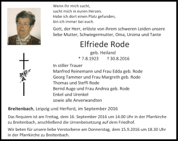 Traueranzeige von Elfriede Rode von Thüringer Allgemeine