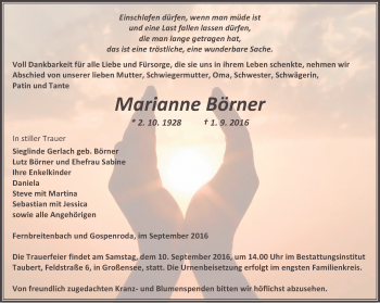 Traueranzeige von Marianne Börner von Thüringer Allgemeine, Thüringische Landeszeitung