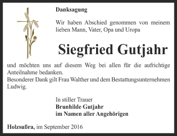 Traueranzeige von Siegfried Gutjahr von Thüringer Allgemeine