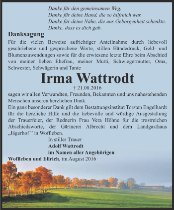 Traueranzeige von Irma Wattrodt von Thüringer Allgemeine