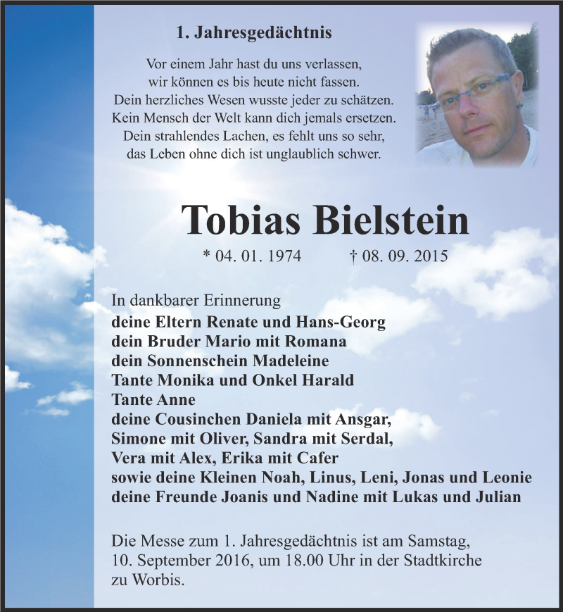  Traueranzeige für Tobias Bielstein vom 08.09.2016 aus Thüringer Allgemeine