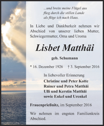 Traueranzeige von Lisbet Matthäi von Ostthüringer Zeitung, Thüringische Landeszeitung