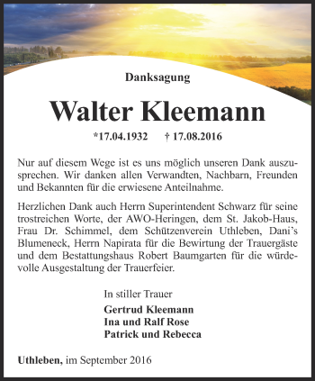 Traueranzeige von Walter Kleemann von Thüringer Allgemeine