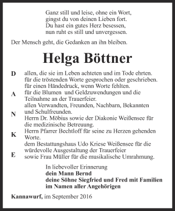 Traueranzeige von Helga Böttner von Thüringer Allgemeine