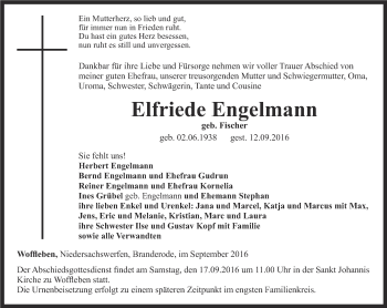 Traueranzeige von Elfriede Engelmann von Thüringer Allgemeine