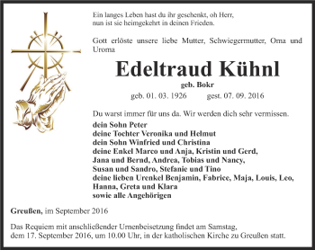 Traueranzeige von Edeltraud Kühnl von Thüringer Allgemeine